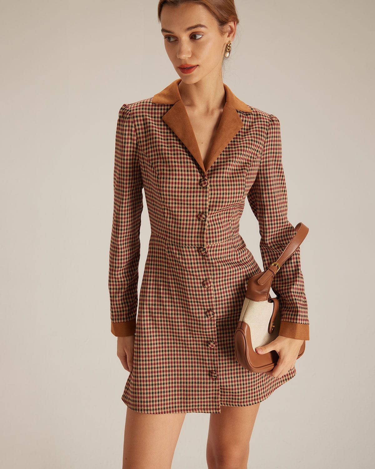 The Brown Plaid Spliced Suede Mini Dress - Threadford