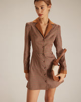 The Brown Plaid Spliced Suede Mini Dress - Threadford