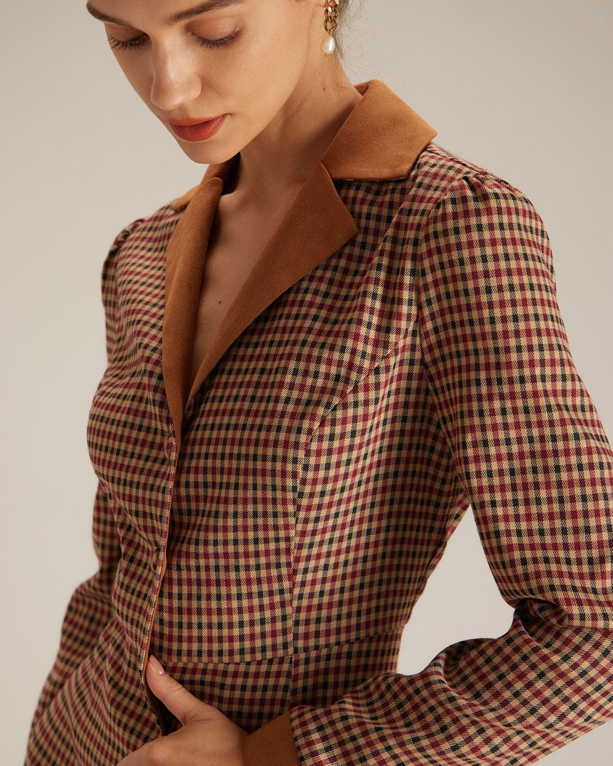 The Brown Plaid Spliced Suede Mini Dress - Threadford