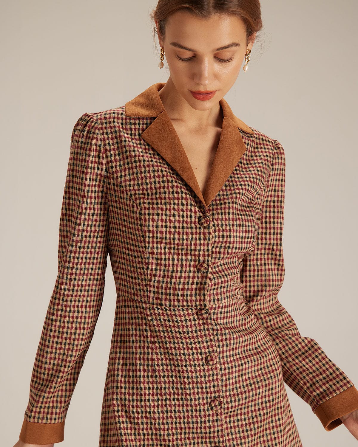 The Brown Plaid Spliced Suede Mini Dress - Threadford