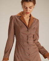 The Brown Plaid Spliced Suede Mini Dress - Threadford