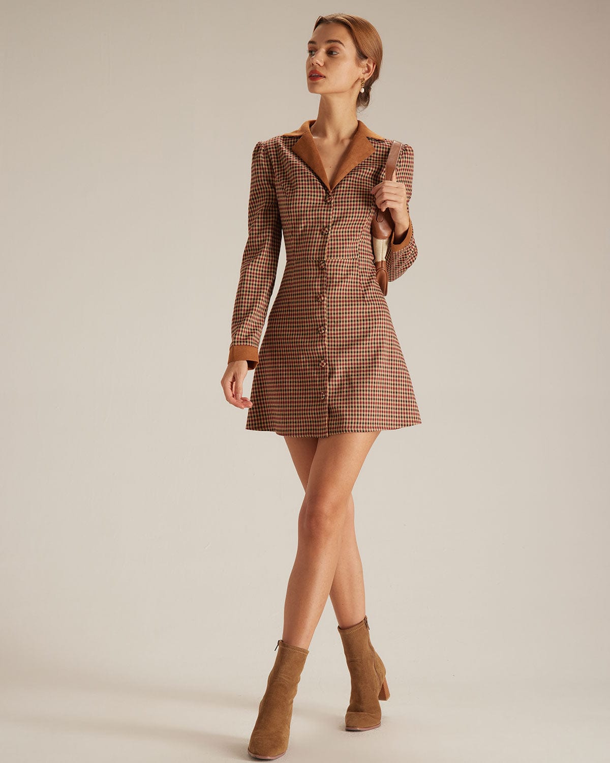The Brown Plaid Spliced Suede Mini Dress - Threadford