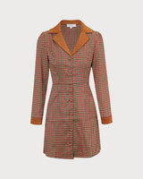 The Brown Plaid Spliced Suede Mini Dress - Threadford