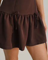 Coffee Round Neck Pleated Mini Dress - Threadford