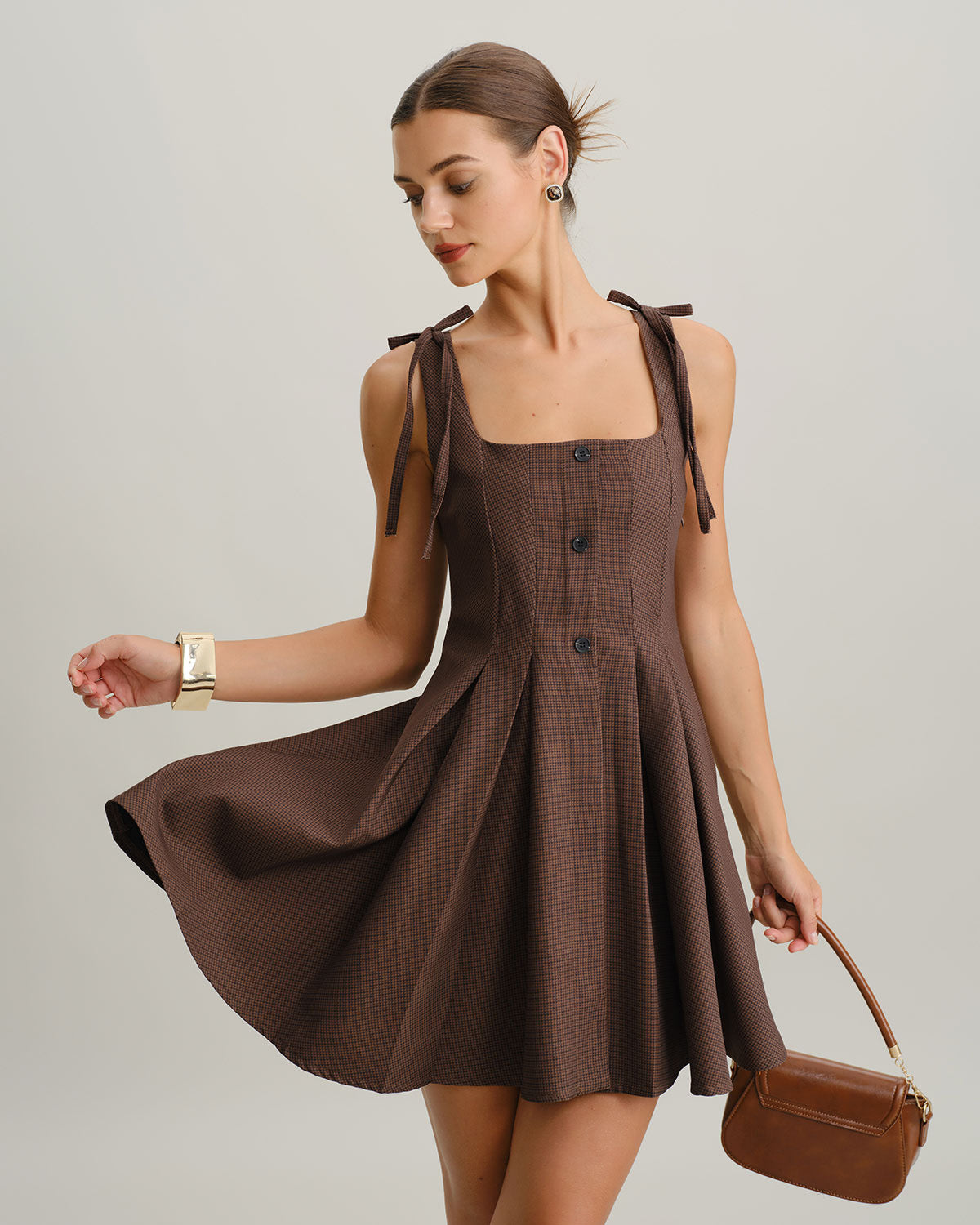 Brown Plaid A-Line Tie Strap Mini Dress - Threadford