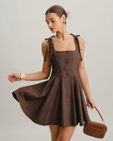 Brown Plaid A-Line Tie Strap Mini Dress - Threadford