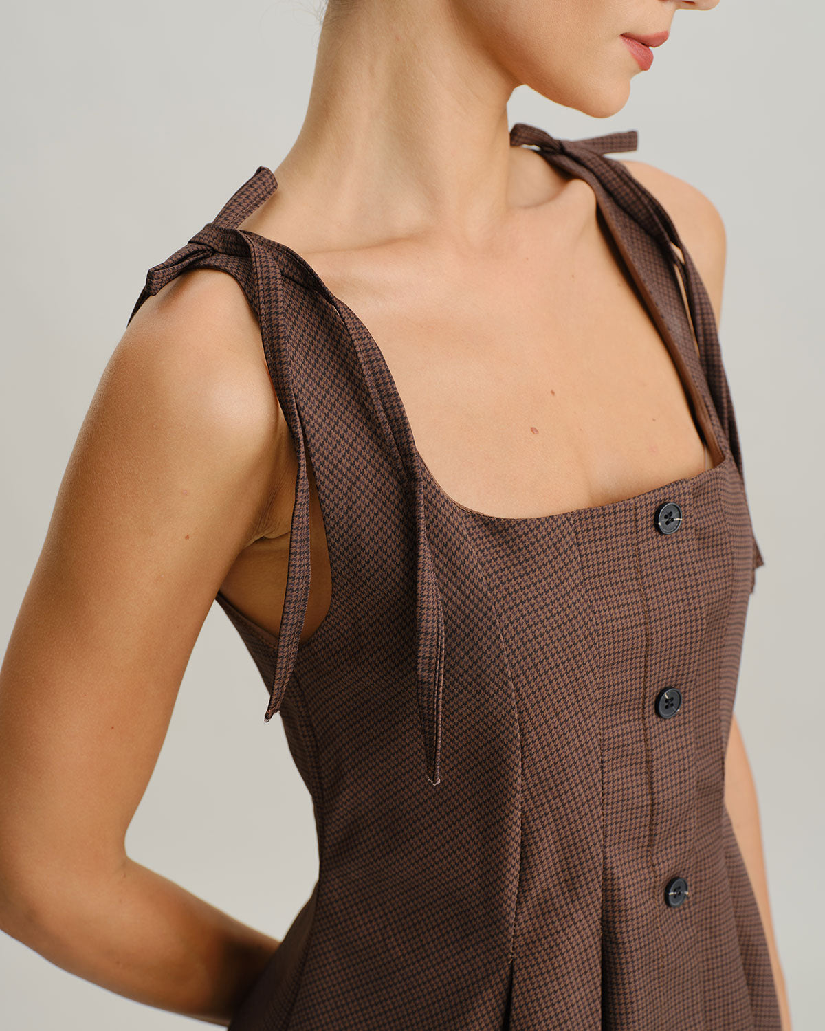 Brown Plaid A-Line Tie Strap Mini Dress - Threadford