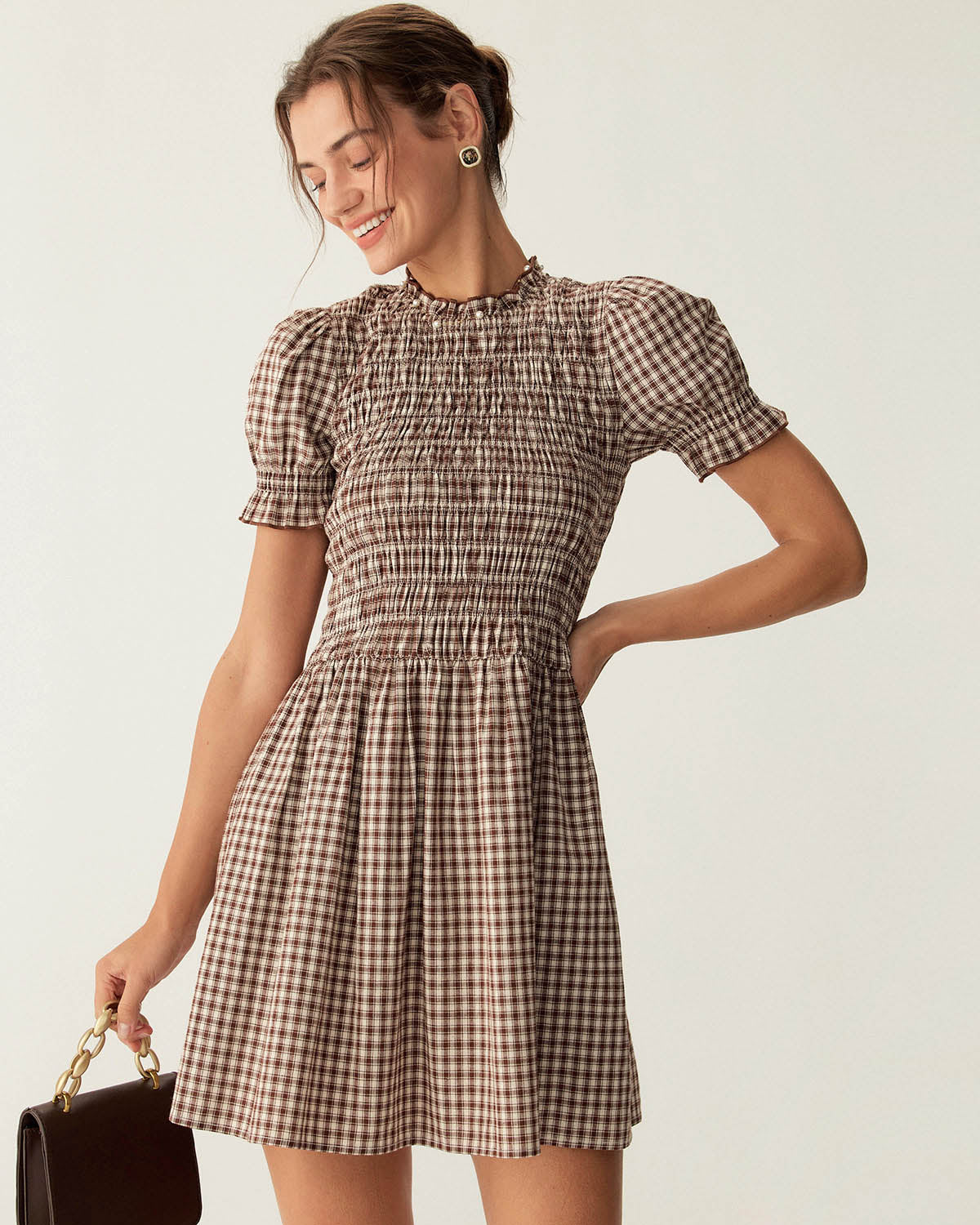 Coffee Plaid Puffed Sleeve Mini Dress - Threadford