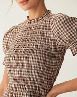 Coffee Plaid Puffed Sleeve Mini Dress - Threadford