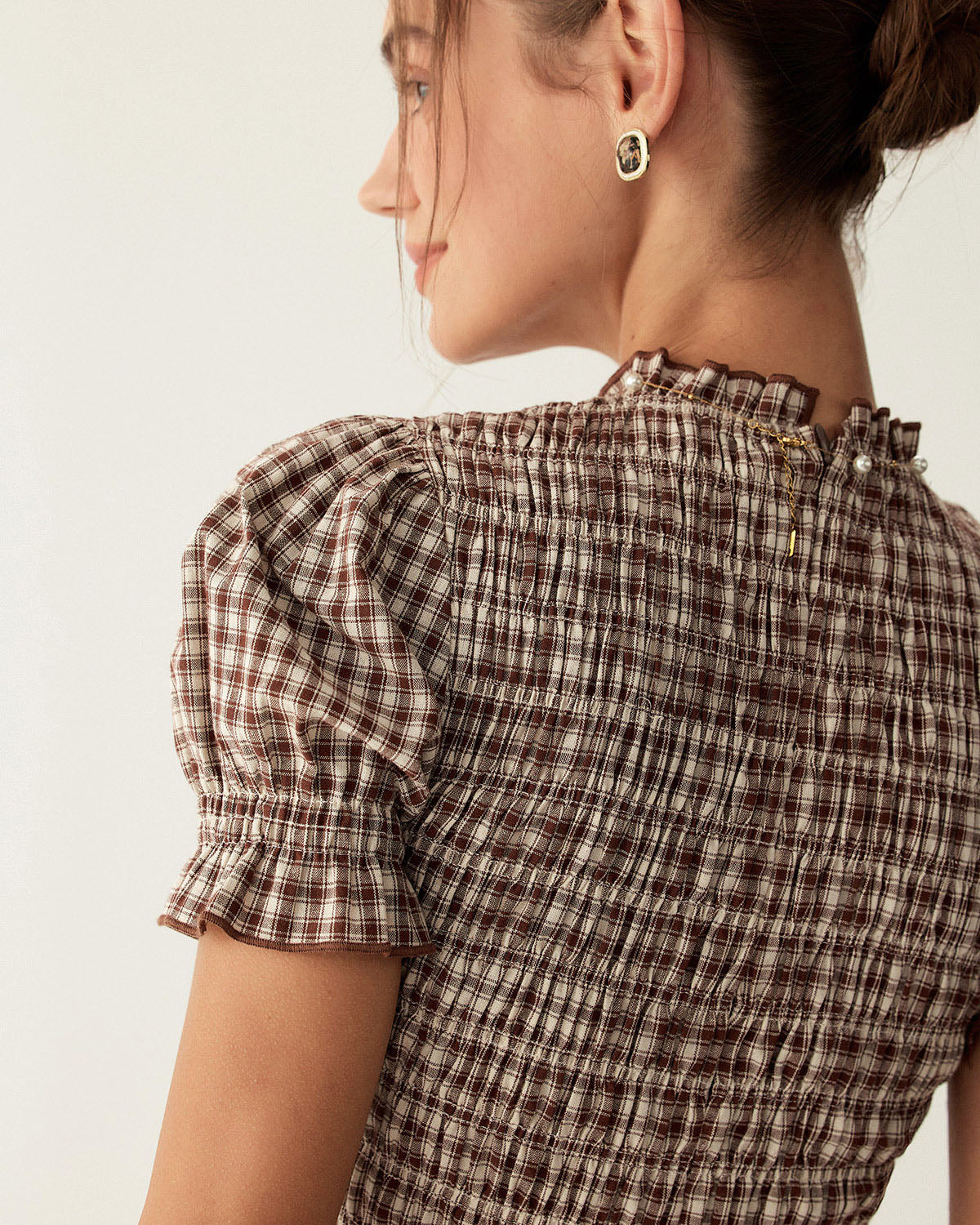 Coffee Plaid Puffed Sleeve Mini Dress - Threadford