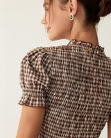 Coffee Plaid Puffed Sleeve Mini Dress - Threadford