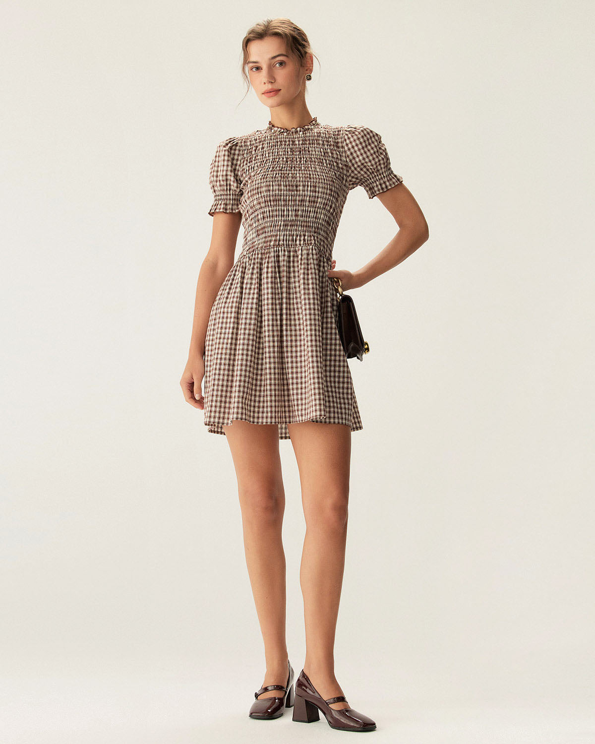 Coffee Plaid Puffed Sleeve Mini Dress - Threadford
