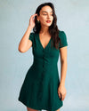 The Dark Green V Neck Button-up Shirt Mini Dress - Threadford