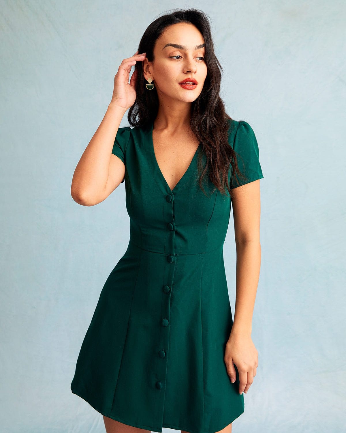The Dark Green V Neck Button-up Shirt Mini Dress - Threadford
