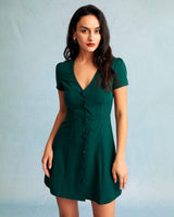 The Dark Green V Neck Button-up Shirt Mini Dress - Threadford