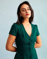 The Dark Green V Neck Button-up Shirt Mini Dress - Threadford