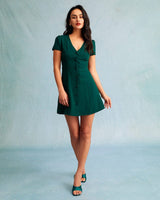 The Dark Green V Neck Button-up Shirt Mini Dress - Threadford
