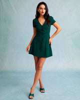 The Dark Green V Neck Button-up Shirt Mini Dress - Threadford