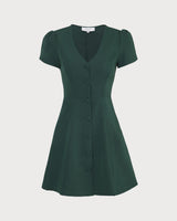 The Dark Green V Neck Button-up Shirt Mini Dress - Threadford