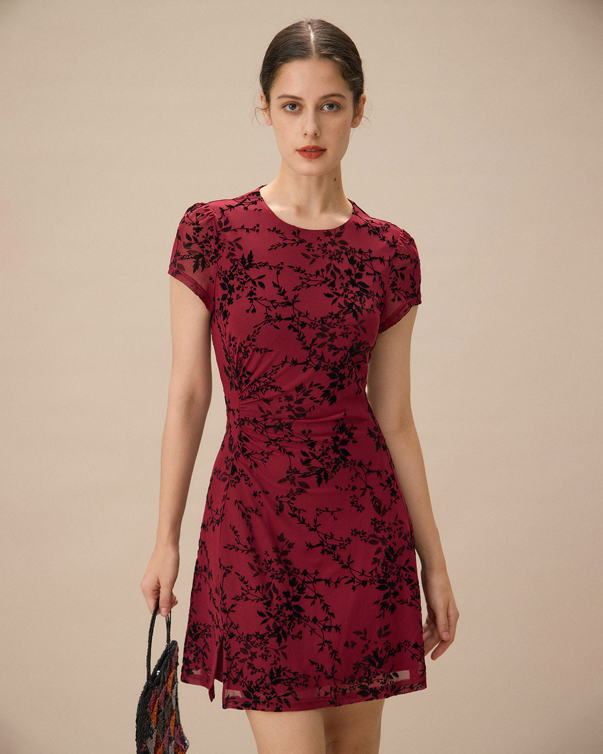Red Floral Boat Neck Mini Dress - Threadford