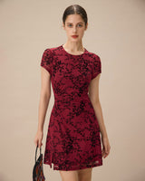 Red Floral Boat Neck Mini Dress - Threadford