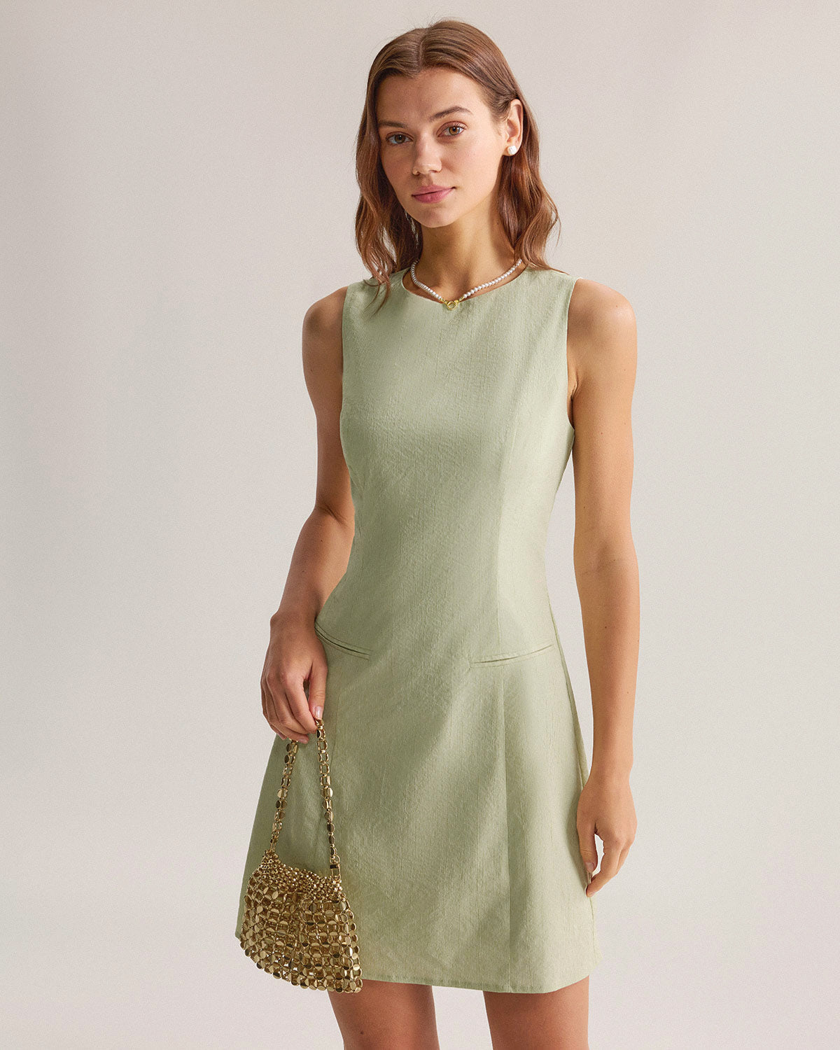 Green Boat Neck Sleeveless Mini Dress - Threadford