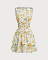Green Floral Boat Neck Mini Dress - Threadford