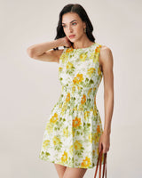 Green Floral Boat Neck Mini Dress - Threadford