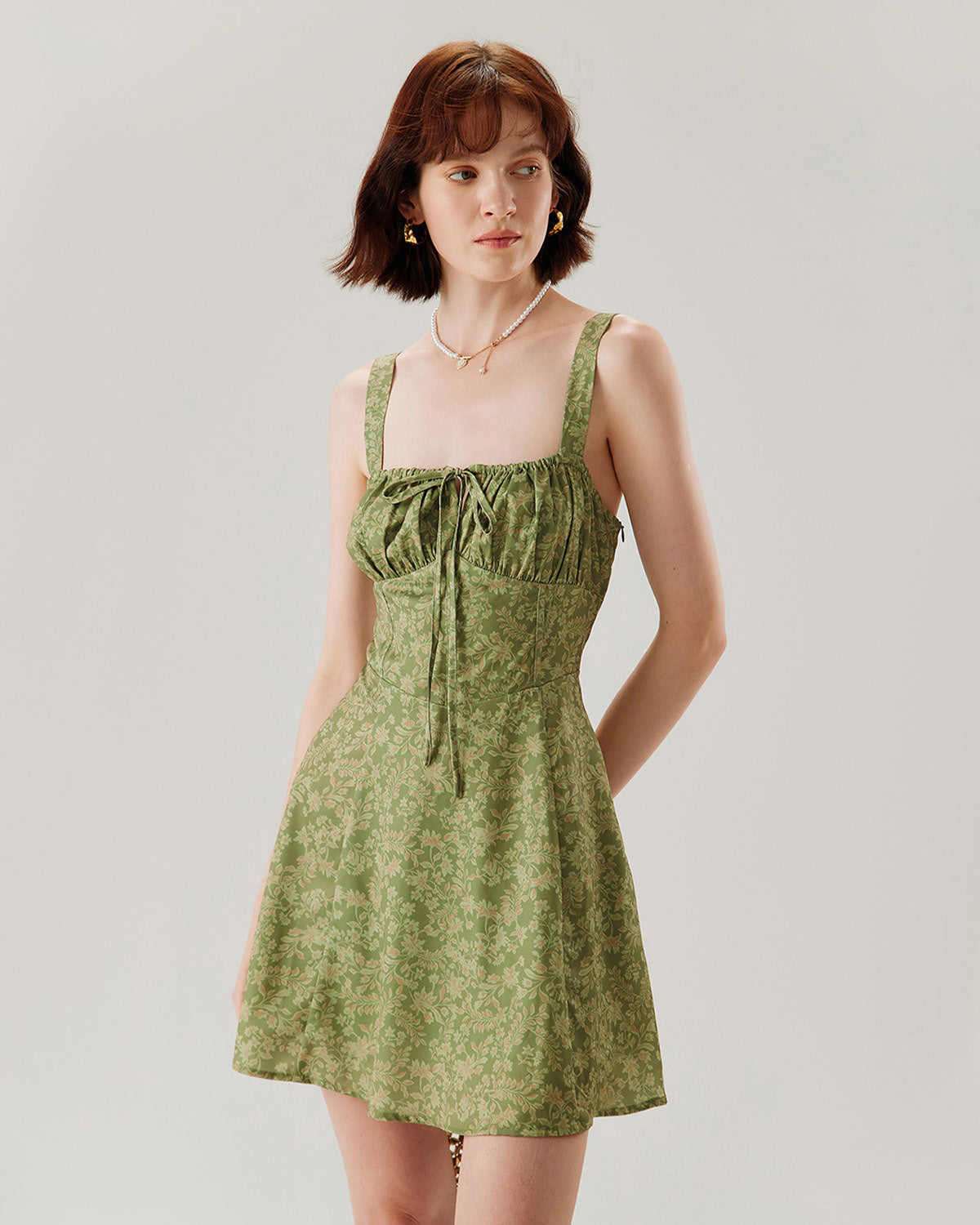 Green Floral Ruched Slip Mini Dress - Threadford