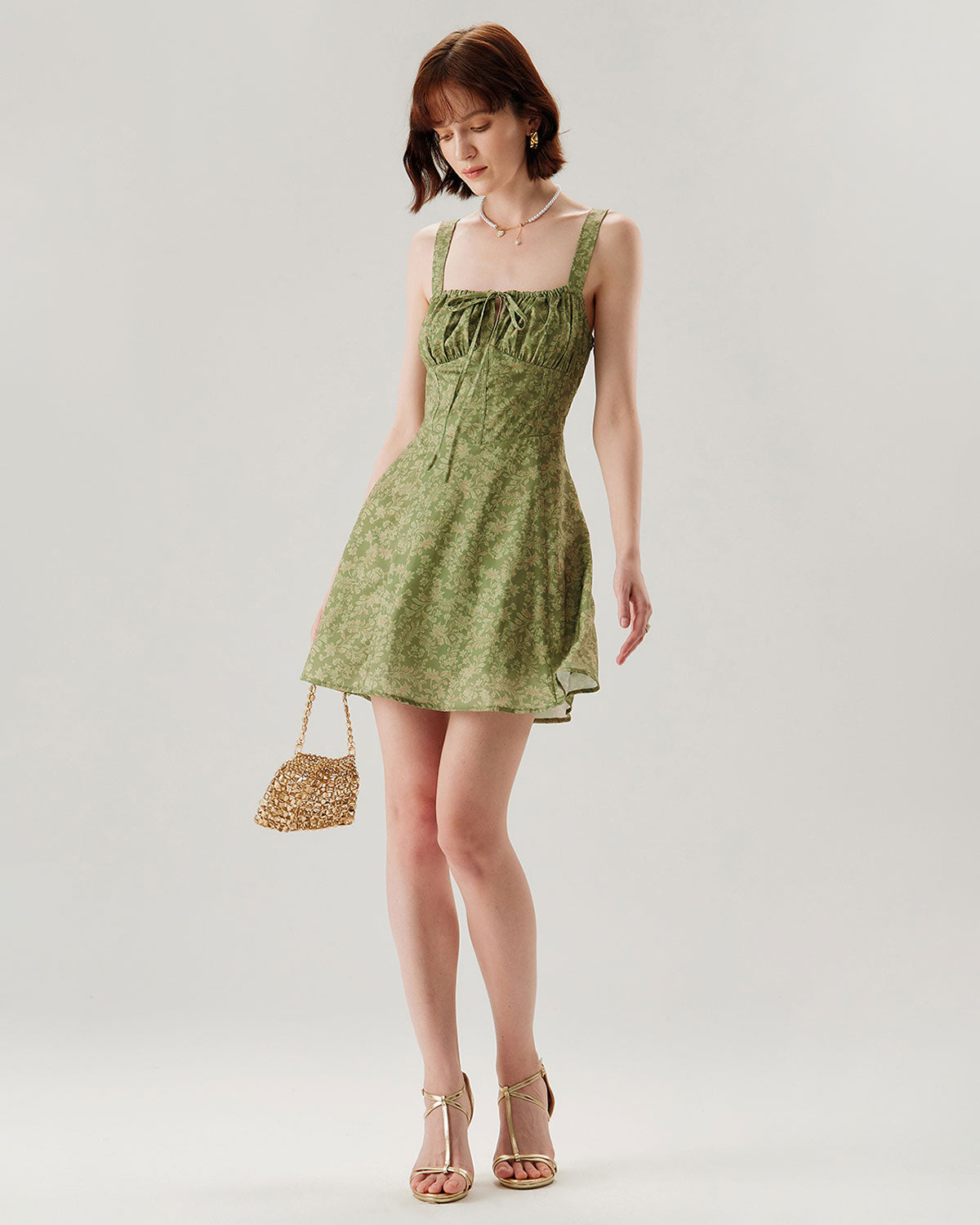 Green Floral Ruched Slip Mini Dress - Threadford
