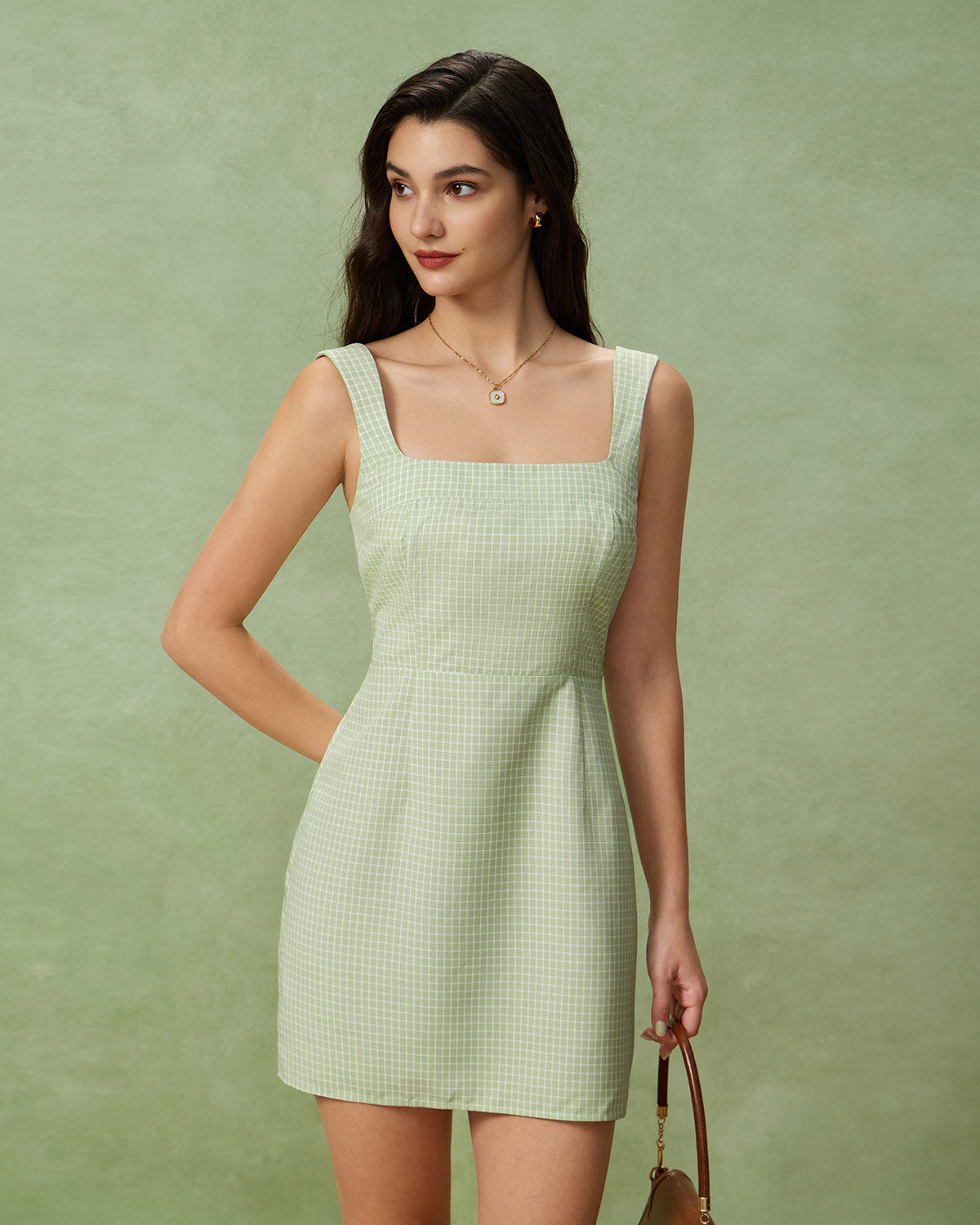 Green Plaid Square Neck Shirred Slip Mini Dress - Threadford