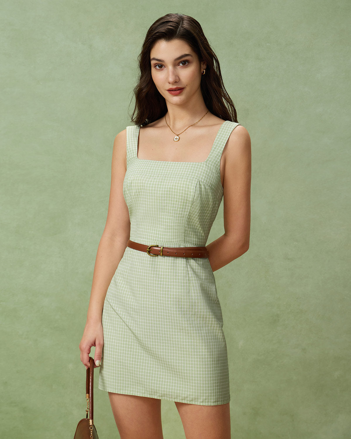 Green Plaid Square Neck Shirred Slip Mini Dress - Threadford