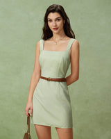 Green Plaid Square Neck Shirred Slip Mini Dress - Threadford