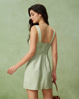 Green Plaid Square Neck Shirred Slip Mini Dress - Threadford