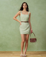 Green Plaid Square Neck Shirred Slip Mini Dress - Threadford