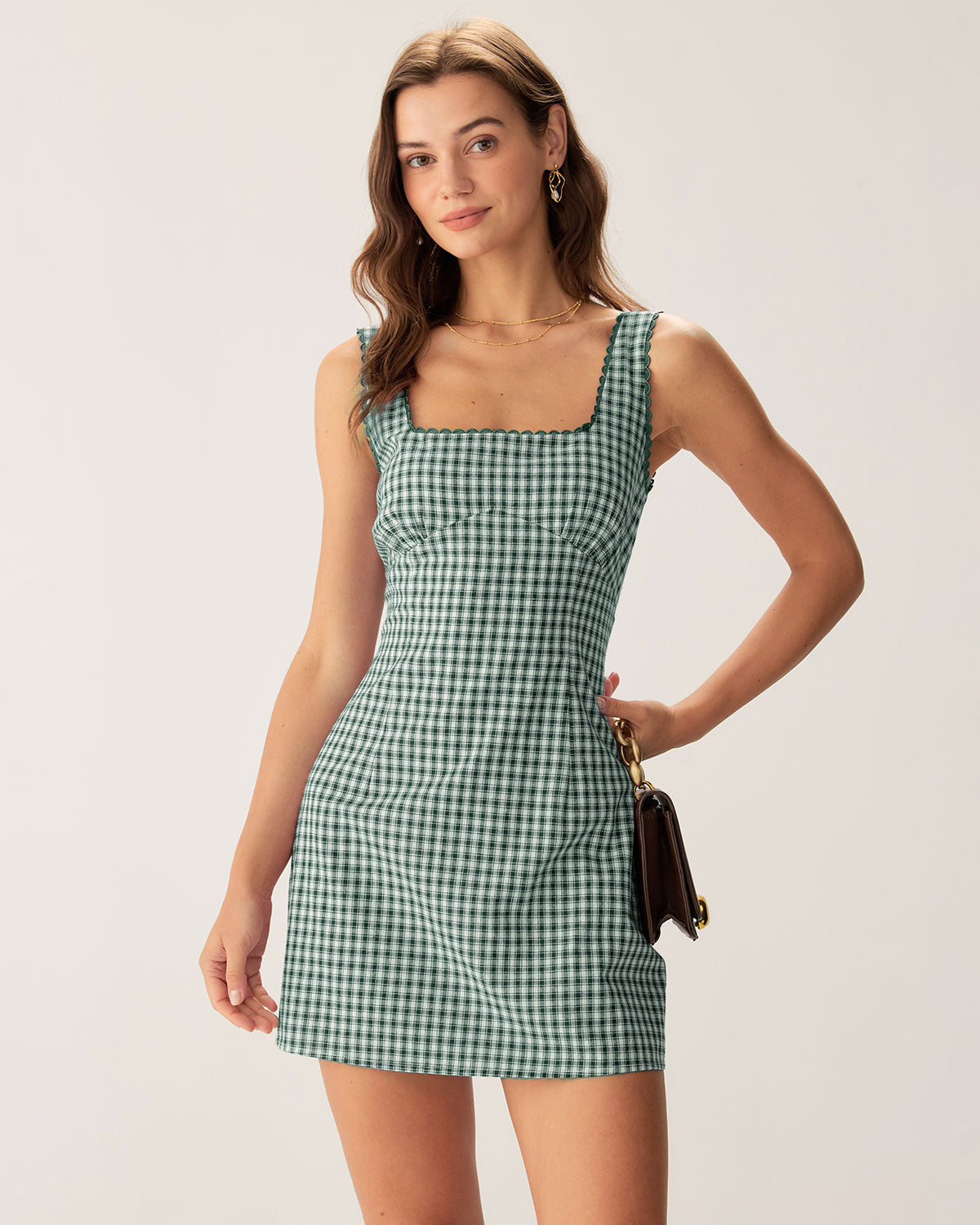 Green Plaid Square Neck Slip Mini Dress - Threadford