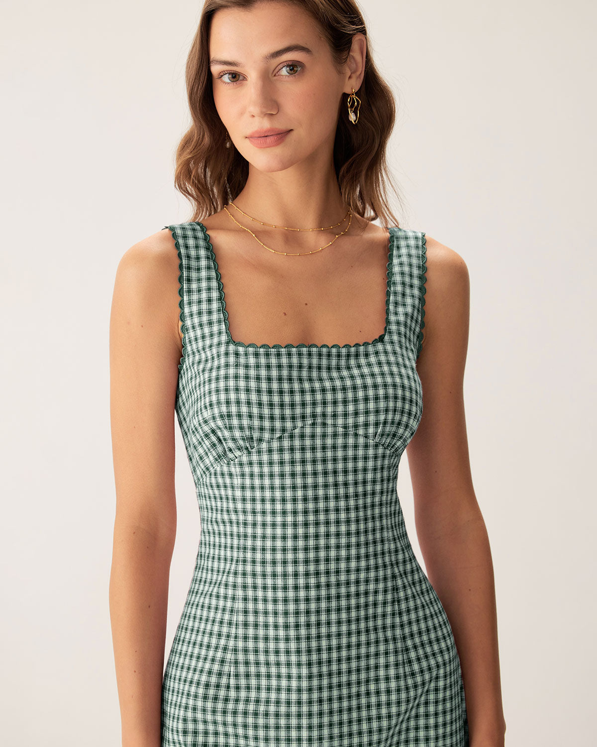 Green Plaid Square Neck Slip Mini Dress - Threadford
