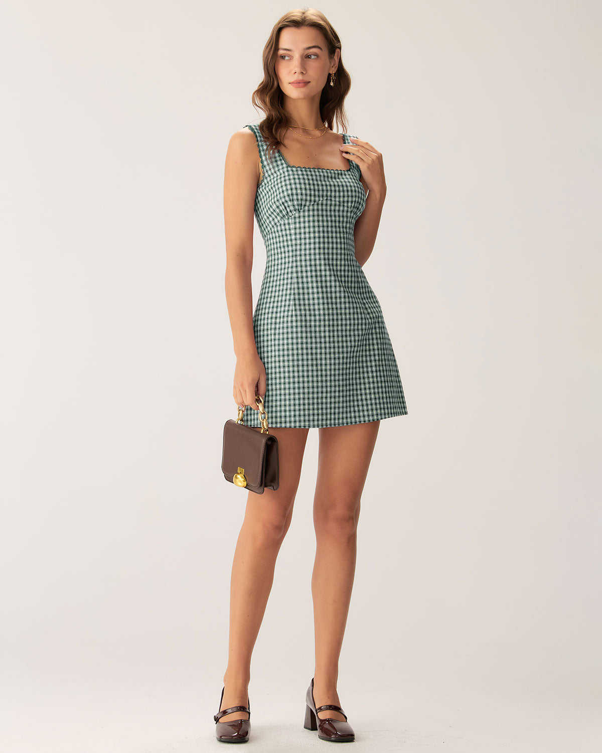 Green Plaid Square Neck Slip Mini Dress - Threadford