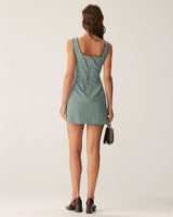 Green Plaid Square Neck Slip Mini Dress - Threadford