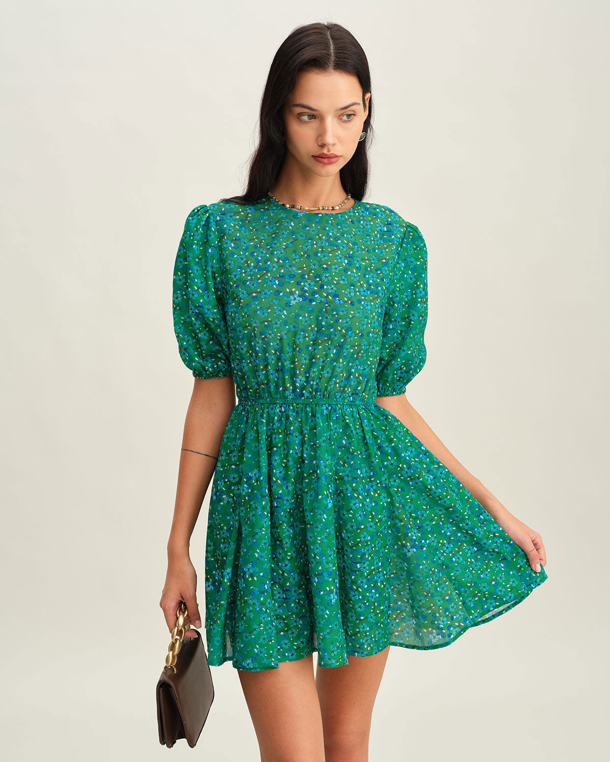 Green Ruched Elastic Waist Mini Dress - Threadford