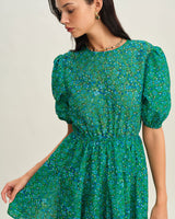 Green Ruched Elastic Waist Mini Dress - Threadford