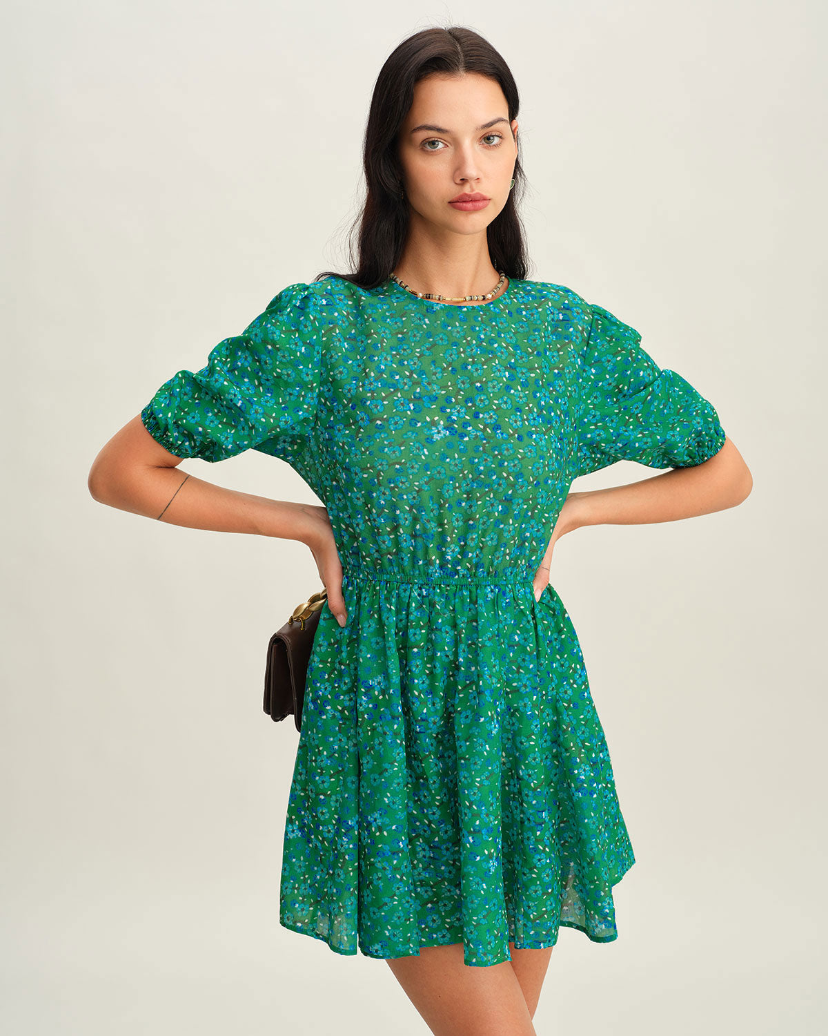 Green Ruched Elastic Waist Mini Dress - Threadford