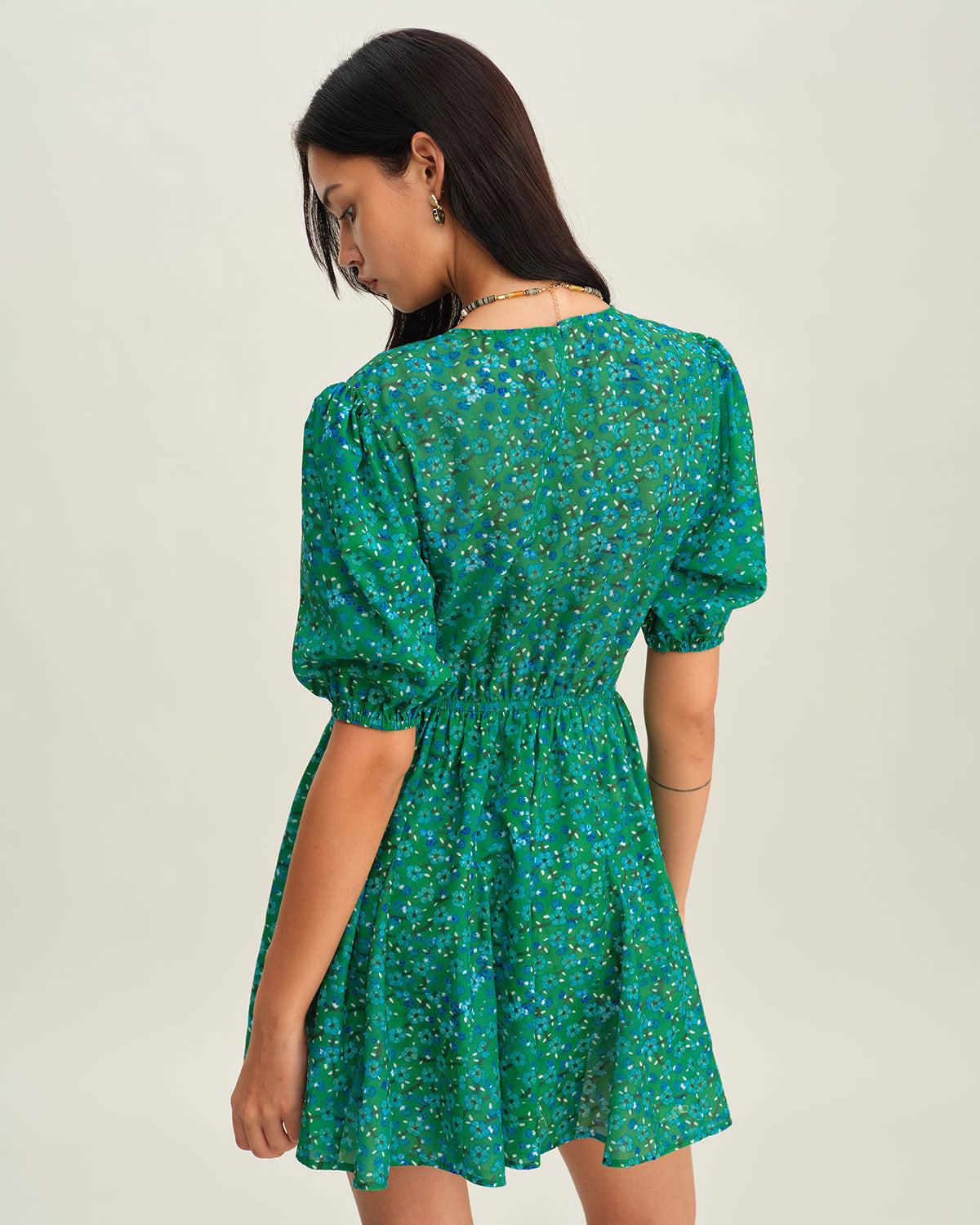 Green Ruched Elastic Waist Mini Dress - Threadford