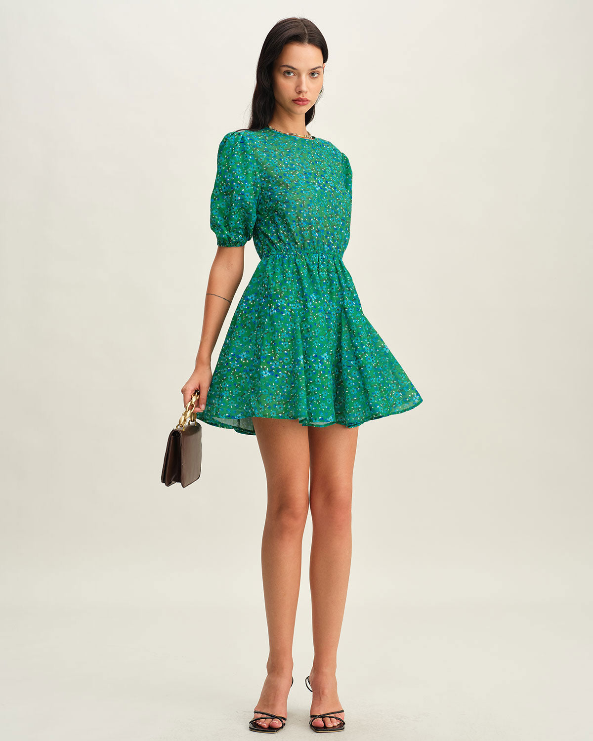 Green Ruched Elastic Waist Mini Dress - Threadford