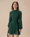 The Green Stand Collar Sheer Slit Mini Dress - Threadford