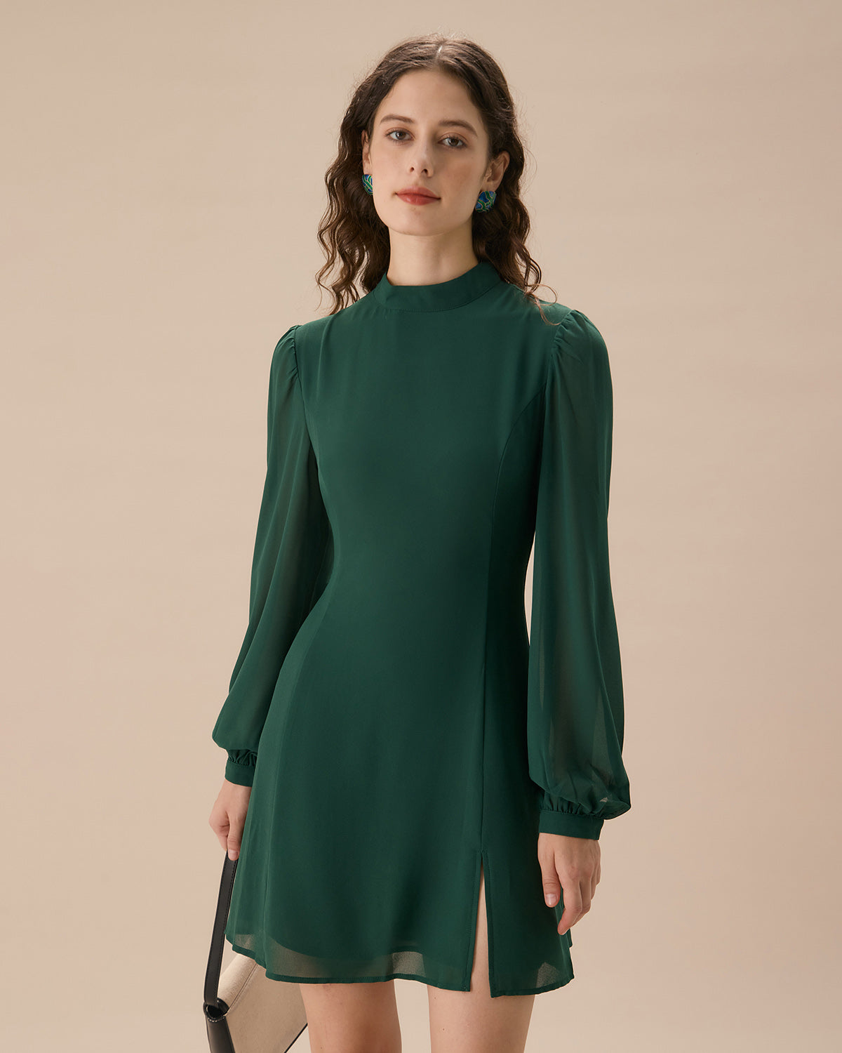 The Green Stand Collar Sheer Slit Mini Dress - Threadford