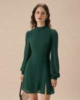 The Green Stand Collar Sheer Slit Mini Dress - Threadford