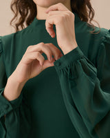 The Green Stand Collar Sheer Slit Mini Dress - Threadford