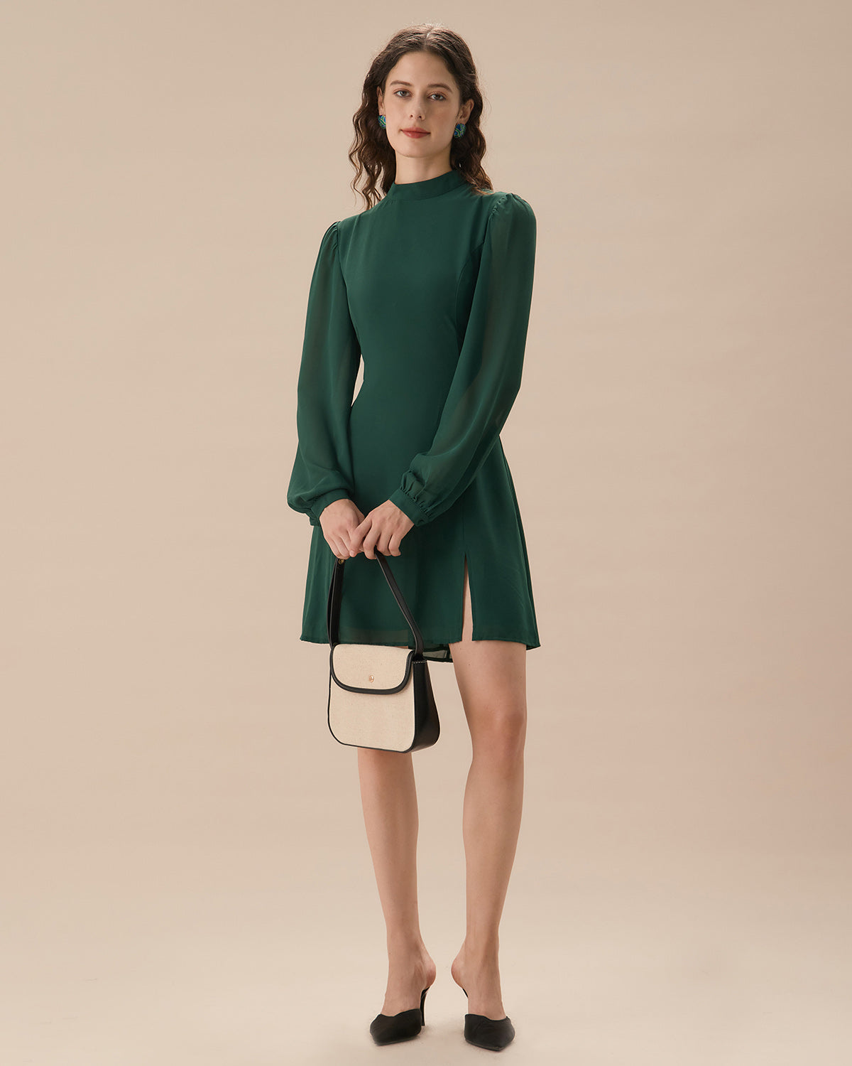 The Green Stand Collar Sheer Slit Mini Dress - Threadford