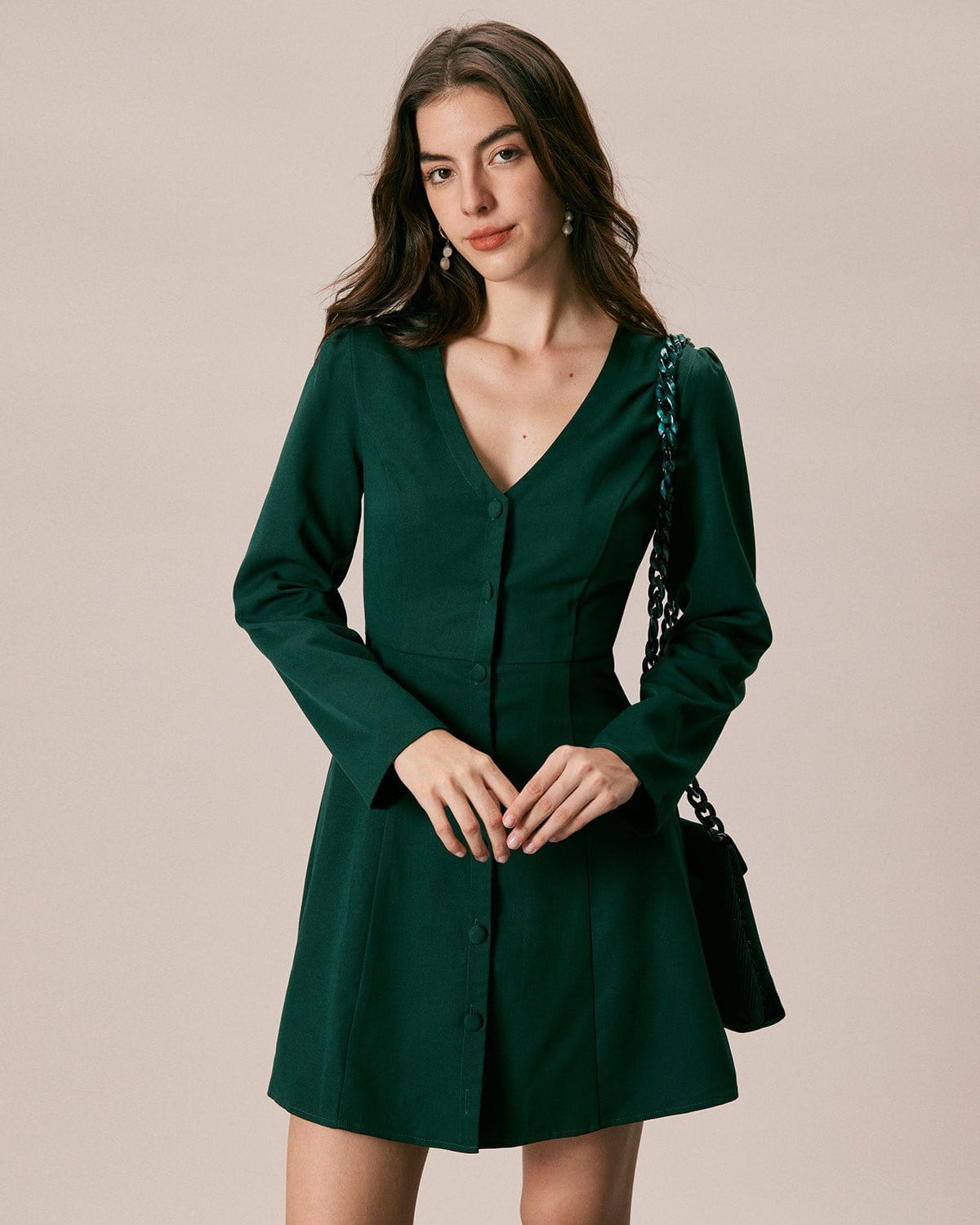 The Green V Neck Button Shirt Mini Dress - Threadford